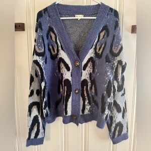 Hem & Thread Blue and Light Gray Abstract Animal Print V-Neck Cardigan